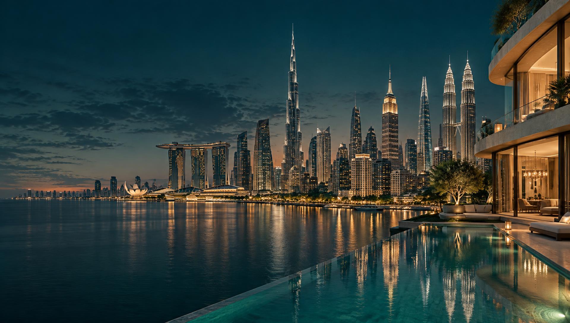 One connected skyline of Dubai, Singapore, New York, London and Kuala Lumpur at twilight, seen from a luxury waterfront villa